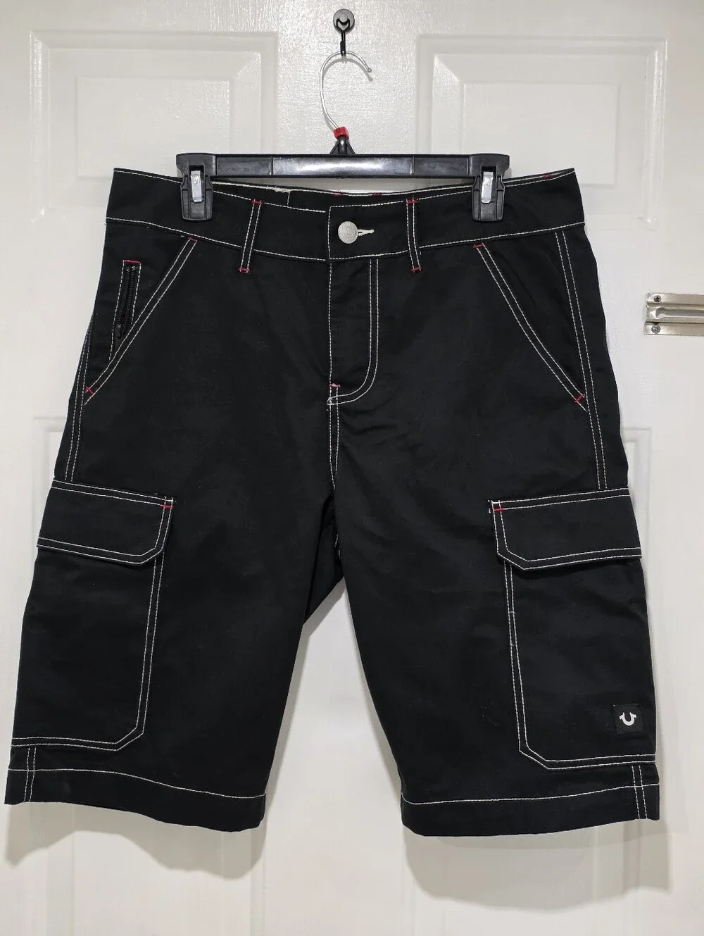 True Religion Black Cargo Shorts with White Contrast Stitching and Red Accents